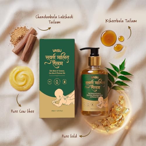 Image of Vasu Swarna Malish Ayurvedic Tailam Baby Massage Oil - 200 ml | Suvarna Infused | Helps Strengthen Developing Bones | Deeply Nourishes | Quick Absorption & Spreads Easily | Improves Blood Circulation