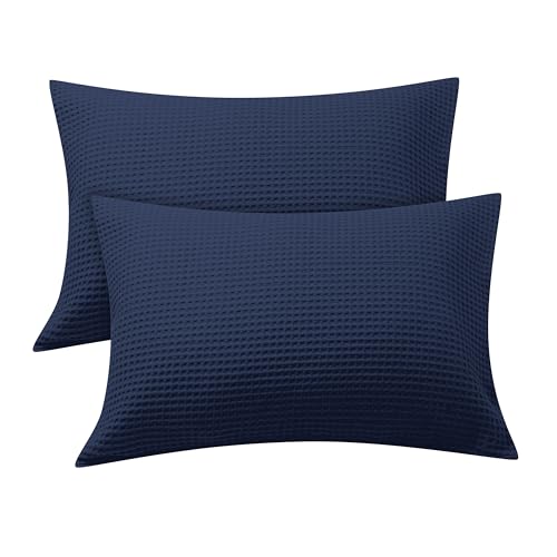 Waffle Weave Pillowcases Queen Size 2 Pack, 100% Egyptian Cotton 600 Thread Count, Ultra Soft Pillow Shams with Envelope Closure, Breathable Skin-Friendly Pillow Case, Navy Blue, 20x30 Inches