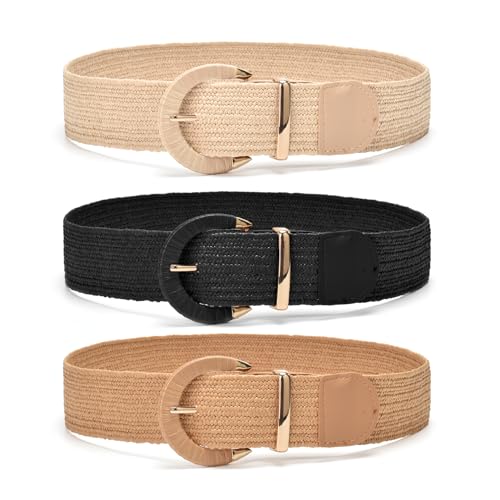 Yaopeing 3 Pieces Straw Woven Belt for Women Ladies,Boho Elastic Waist Braided Belt for Dress