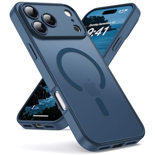 Oududianzi-Coque pour iPhone 17 Pro Max Compatible avec MagSafe Magnétique, Housse de Arrière Translucide Givrée PC, TPU Silicone Bumper Étui Protection Antichoc Militaire Anti-Empreintes-Bleu