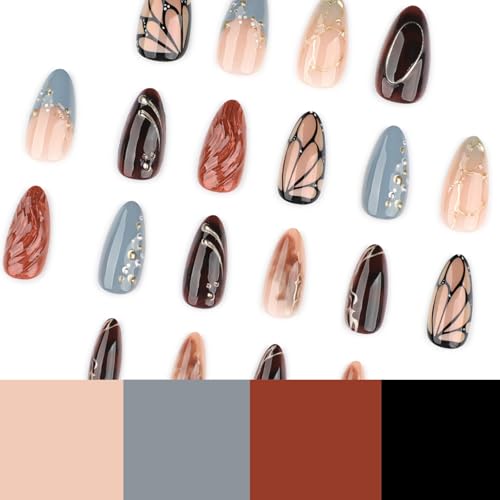 Image of 24 Pcs Fall Press on Nails Brown Fake Nails Gold Line with Design Glossy Full Cover Glue on Nail Brown Ombre Nail Press ons for Women Girls Manicure 24Pcs
