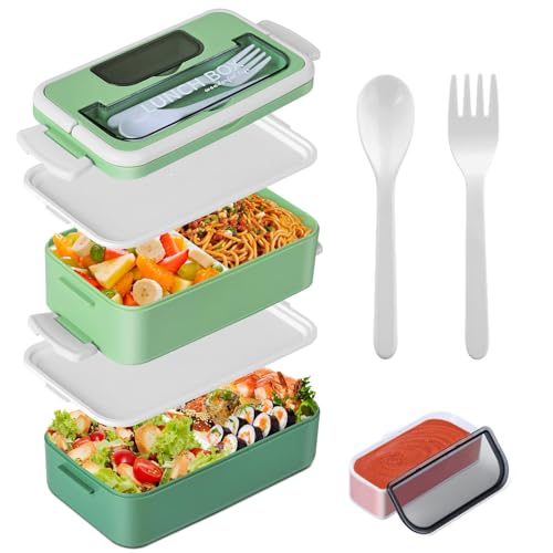 Anykuu Fiambrera Lunch Box 1600 ML Bento Box con 3 Compartimentos y Juego de Cubiertos Hermetica Fiambrera Plastico para Niños y Adultos Caja Bento Sin-BPA para Microondas y Lavavajillas (Verde)