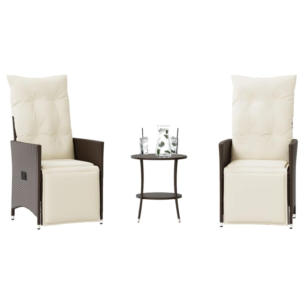 Fengshui Set da bistrò da 3 pezzi con cuscino, in rattan sintetico, marrone | Schienale regolabile, poggiapiedi, cuscino imbottito spesso, rivestimento rimovibile e lavabile, telaio in acciaio verniciato