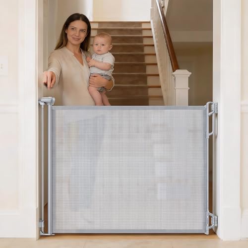 SPACEANY Retractable Baby Gate for Stairs & Doorways - 55" Wide Portable Safety Gate | Fits Baseboards, Easy to Use Indoor/Outdoor | Mesh Gate for Dogs, Puppies, Gray