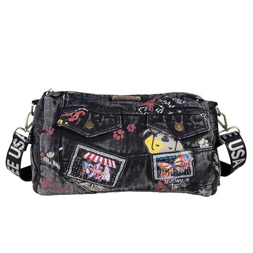 La Mejor Lista de Bolsas Nicole Lee Top 5. 46 Nico Lee Bolsa Mensajera de Mezclilla para Mujer, Estilo Graffiti Deslavado con Parches, Diseño Único y Urbano, Correa Textil Ajustable y Removible, Medidas 20x37x17.5 cm,...