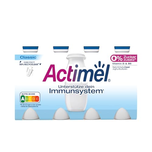 ACTIMEL Joghurt Drink Classic 0,1% fett 8x100g mit 20 Milliarden L. Casei Joghurtkulturen und den Vitaminen B6 und D, ohne Zuckerzusatz