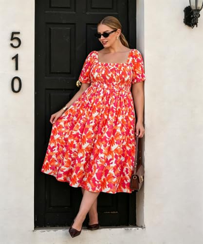 Image of RITERA Plus Size Dresses for Curvy Women Square Neck Short Sleeve Summer Floral Smocked Maxi Dress with Pocket XL-5XL