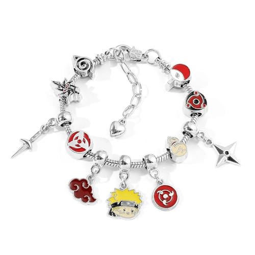 Anime Themed Charm Bracelet, Silver Metal, Red Enamel Charms, Ninja Character Design, 7.08 Inch Chain with 1.96 Inch Extender, Cosplay Jewelry