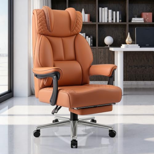 Image of BestGlory Office Desk Chair, Big and Tall Leather Gaming Chair with Footrest, Ergonomic Comfy Executive High-Back Reclining Computer Chairs, Wide Swivel Rolling Wheels and Padded Lumbar Support, Brown