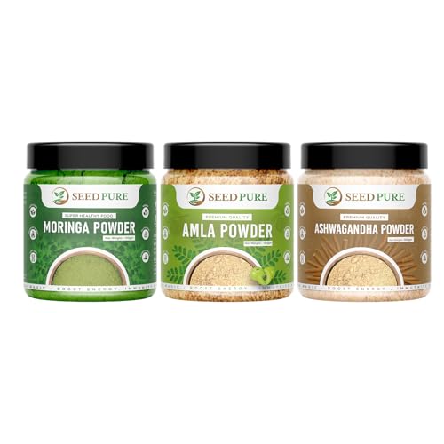 Image of Moringa + Amla + Ashwagandha Powder india, Drumstick Leaf Supplement for Digestion & Immunity, Ayurvedic Superfood, 100g moringa + amla + ashwagandha pack of 3 (300g)