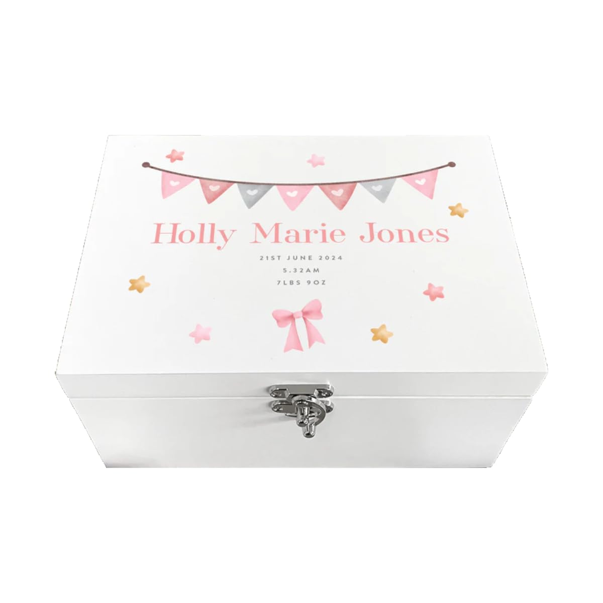 The Lovely Keepsake Company Women's White Personalised Pink Garland New Baby Wooden Keepsake Box | Baby Shower, New Baby | 30Cm X 23Cm X 18Cm