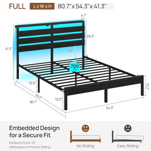 Image of Rolanstar Full Size Bed Frame with LED Lights and Charging Station, Wood Storage Headboard and Under Bed Storage, Metal Platform, Noise Free, No Box Spring Needed, Balck Oak