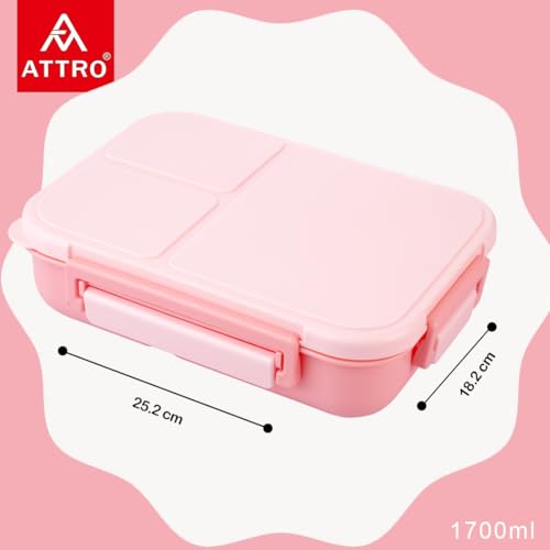 Image of ATTRO Gourmet 3 Compartment Lunch Box Portable Meal Organizer for Office, School BPA-Free, Food Grade, Freezersafe, Microwave & Oven Safe 1700ml Peach, Plastic
