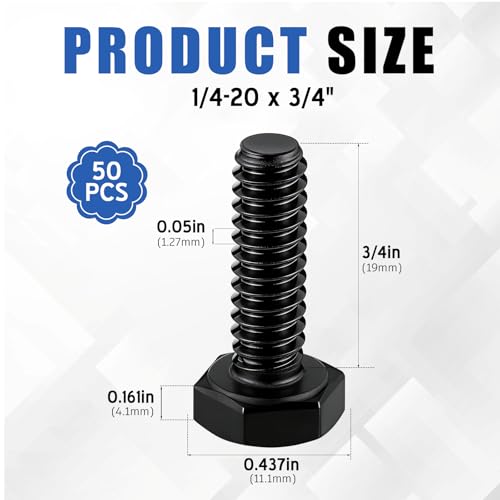 Image of Zonon 50 Pcs 1 /4-20 x 3 /4 inch Hex Head Screw Bolt 18-8 (304) Stainless Steel Hexagon Bolts, Fully Threaded, Plain Finish, External Hex Drive (Black)