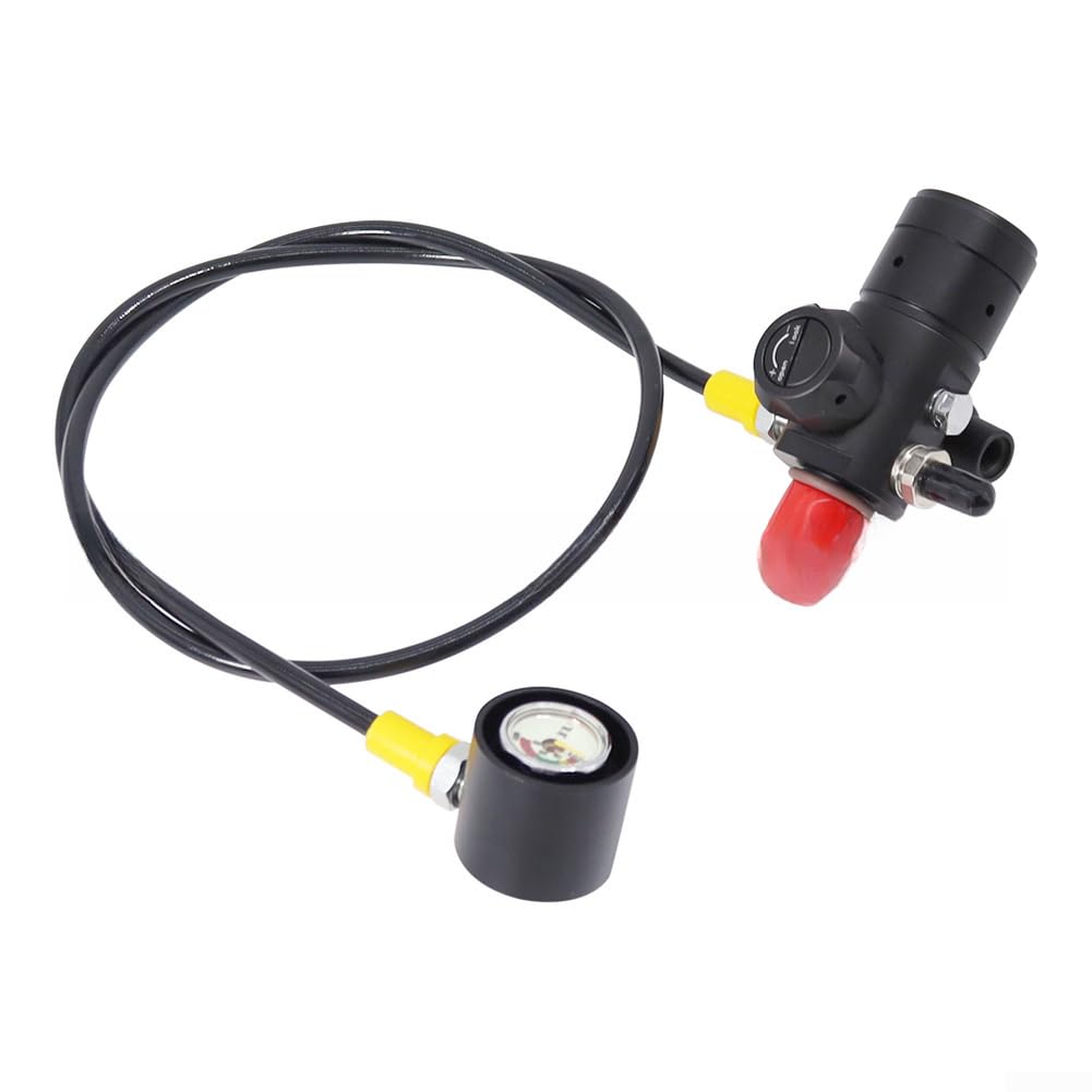 Válvula reductora de presión del cilindro de buceo M18x1.5 Rosca Regulador giratorio de 360 grados para buceo para botella de pony Tanque auxiliar 5000 PSI con manguera opcional (FMJ033)