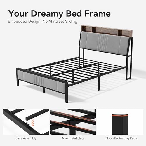 Image of Nelaukoko Queen Size Bed Frame, Metal Platform Bed Frame with Smart LED Lights and Charging Station, Ergonomic Velvet Headboard, No Box Spring Needed, Easy Assembly