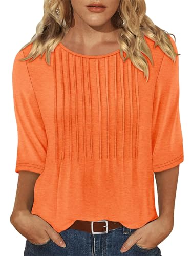 KISSMODA Tunic Tops for Women Loose Fit Dressy Round Neck Pleated 3/4 Length Sleeve Spring Tops