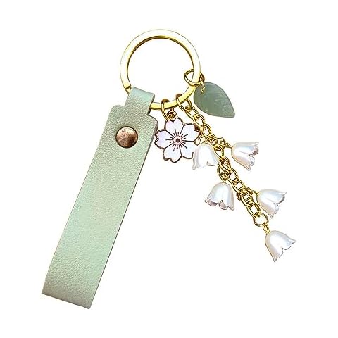 Meimimix Lily of the valley Flower Leaf Charms Keychain Leather Chains Tassel Keyring Jewellery Purse Bag Accessories Cover