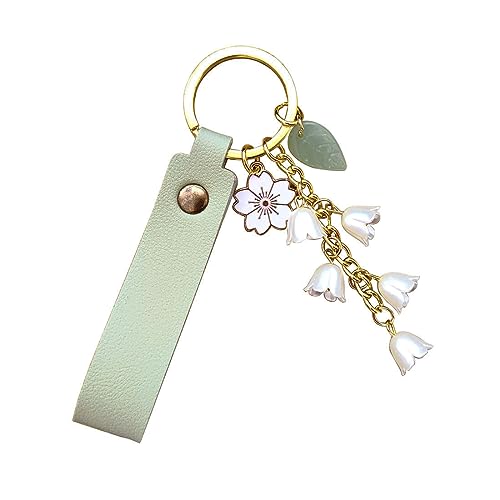 Meimimix Lily of the valley Flower Leaf Charms Keychain Leather Chains Tassel Keyring Gifts Purse Bag Accessories, Green, Normal