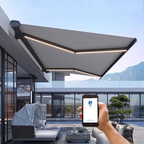Dalumian Electric Retractable Patio Awning, Outdoor Canopy with LED Light, Motorized Sunshade Shelter, Mobile APP Control, Window Door Shelter Pergola, Full Cassette Design(B)