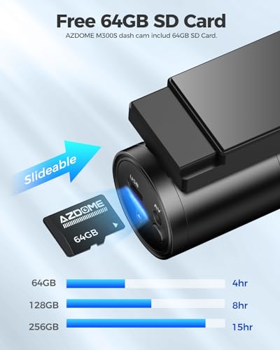 AZDOME 4K 5Ghz WiFi GPS Dashcam Caméra de Voiture, Vision Nocturne, Enregistrement en Boucle, G capteur, Surveillance de Stationnement Caméra Embarquée Enregistreur Carte SD 64 Go Incluse (M300S)