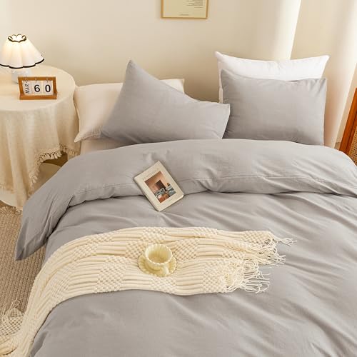 Image of ECOCOTT Light Grey Duvet Cover Queen Size - 100% Washed Cotton Linen Feel Super Soft Comfortable Lightweight 3 Pcs Home Bedding Set with Zipper Closure