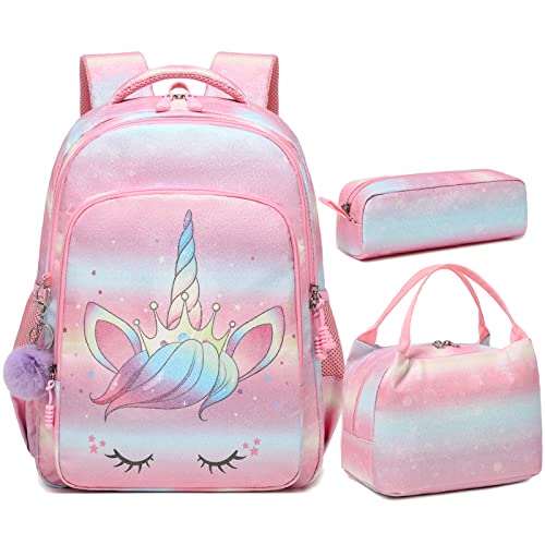 Meisohua Kids Backpack Rainbow Glitter Backpack for Girls Cute Unicorn Backpack with Lunch Bag and Pencil Bag for Elementary Water Resistant