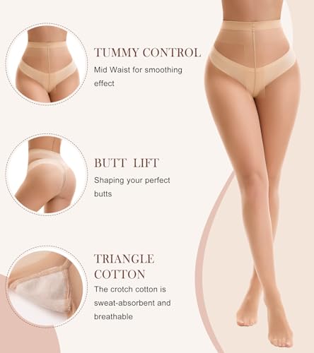 Image of Womens Sheer Tights, 40D Mid Waist Control Top Pantyhose Nylon Tights- Stockings for Women with Reinforced Toes