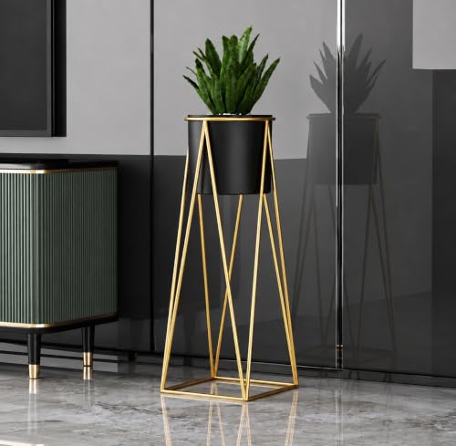 Image of LIBAN Modern, Stylish Metal Planter with Stand for Indoor & Outdoor Plants | Luxury Heavy Duty Tall Plant Flower Pot for Living Room, Balcony, Garden | Decorative Floor Flower Pot (Set of 1) (Black)