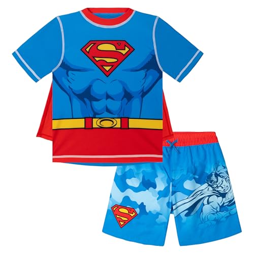 DC Comics Justice League Superman Toddler Boys Cosplay Rash Guard Swim Trunks & Cape 3 Piece Set UPF 50+ Camo Blue/Red 3T