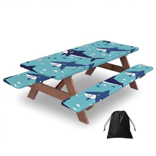 Ocean Shark Anchor - Juego de 3 fundas para mesa de camping con protectores de banco, diseño náutico marino, impermeable, rectangular, con bolsa de almacenamiento
