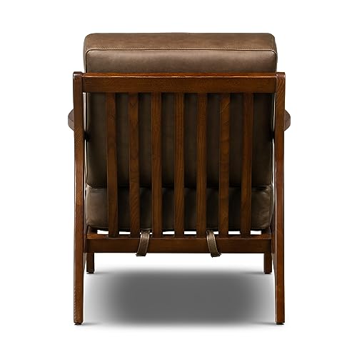 Image of Poly & BARK Verity Leather Accent Chair - Armchair with Walnut Wood Frame - Fashion-Forward Lounge Seating for Living Room - Upholstered in Cocoa Brown Leather for Modern Style