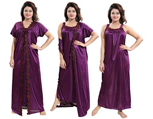 TUCUTE Women's Satin Nighty with Robe 2 Pcs Night wear Set (Free Size) (Free Size, Wine-1-2723)
