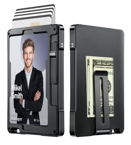 umoven Minimalist Wallet for Men, Slim Aluminum Metal Money Clip Card Holder, Pop-Up Card Case, RFID Blocking Mens Wallet with ID Window, Front Pocket Wallet for Men(Black)