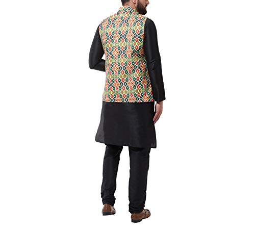 Image of SOJANYA (Since 1958 Men's Silk Blend Black Kurta Pyjama & Printed Nehrujacket Combo