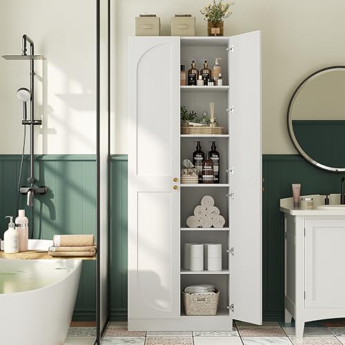 Cyclysio 80" Kitchen Pantry, Extra Tall Arch Storage Cabinet with 4 Doors and Adjustable Shelves, Freestanding Wood Cupboard with Seamless Fit Wall for Dining Living Room Bathroom Furniture