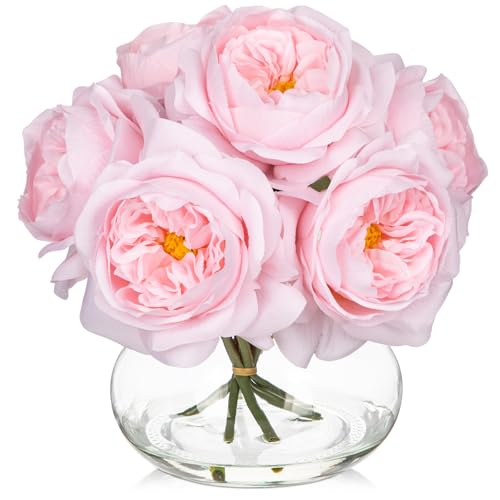 Hollyone Pink Roses Peonies Artificial Flowers with Glass Vase Silk