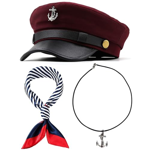 Image of Men's Yacht Captain Skipper Anchor Hat with Sailor Scarf, Newsboy Cap Hat Cabbie Paperboy Beret Cap (Wine Red)