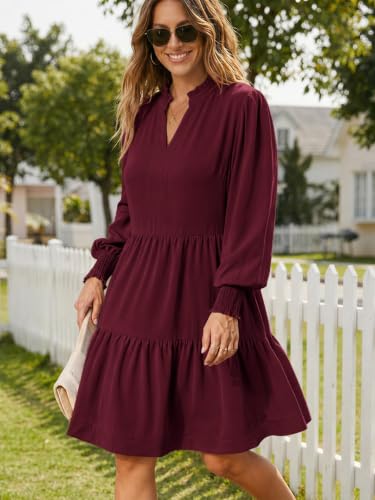 Image of Imily Bela Womens Fall Long Sleeve Tunic Dress Casual V Neck Tiered Dress | Loose,Swing,A-Line,Ruffled Collar,Puff Balloon Sleeve,Smocked Elastic Cuffs,Tiered Layered Ruffle Hem,Babydoll,Loose,Mini