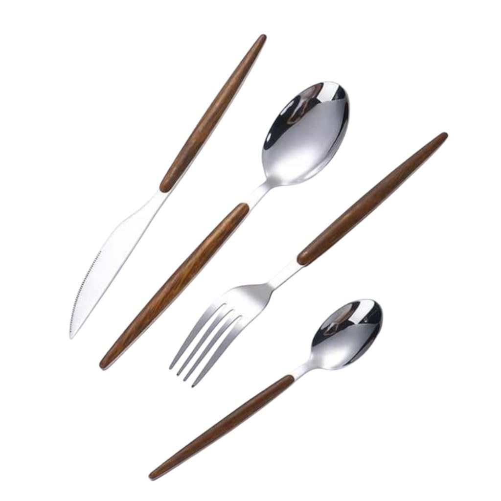 Classic & Simple 16-Piece Stainless Steel Flatware Set - Food Grade 430 Silverware with ABS Wood Handles for 4 People, Mirror Polished - Includes Spoon, Fork, Steak Knife