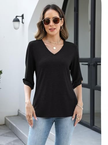Image of TICTICMIMI Womens Tops 3 /4 Length Sleeve V Neck Casual Trendy Button Tunic Tops Summer Basic T-Shirts Loose Fit Pullover