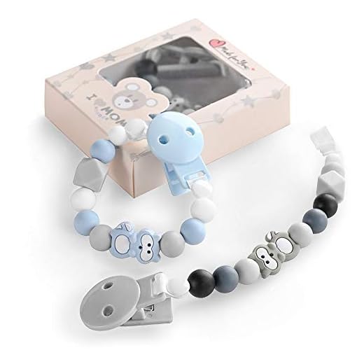 Nappkedja pojke flicka bitring nuckelkedja silikon plast nappklämma nyfödd napp hållare BPA gratis (blå + grå)
