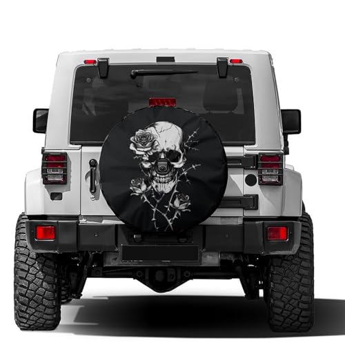 Image of Skull and Roses 1 Spare Tire Cover with Backup Camera Hole Wheel Tire Cover Fit Trailer, RV, SUV and Many Vehicle 17inch