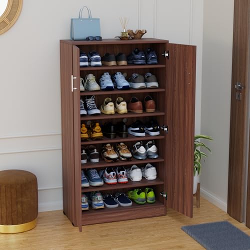 Image of FURNIFLIX Engineered Wood 7 Shelves Shoe Rack for Living Room Office Home Hall Wooden Shoe Cabinet Furniture - Walnut Finish