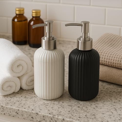 Image of LAGET 300ml Soap Dispenser for Wash Basin -Ribbed Design | Kitchen and Bathroom Accessories Items | Liquid Handwash Dispenser Bottle Chrome Finsih Top- Set of 2 (White and Black)