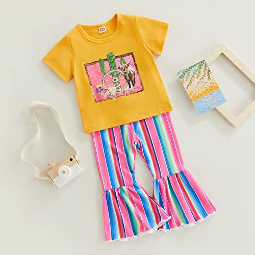 Emmababy Western Baby Girl Clothes Cow Outfits Toddler Bell Bottoms Letter Print Short Sleeve Shirt Floral Flare Pants Set(A#31#Yellow,1-2 Years) #TOP2