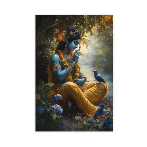 QZFNCOYU Krishna-Poster, Kunst-Leinwand-Poster, Wandkunst, Dekordruck, Bild Gemälde für Wohnzimmer, Schlafzimmer, Dekoration, 40 x 60 cm