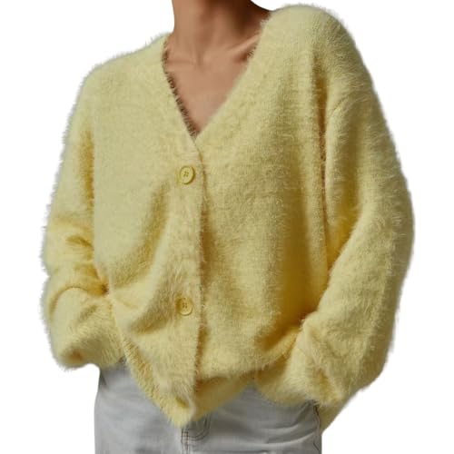 Image of chouyatou Women Furry Open Front Cardigan V-Neck Loose Casual Fluffy Knit Button Down Sweater Coat