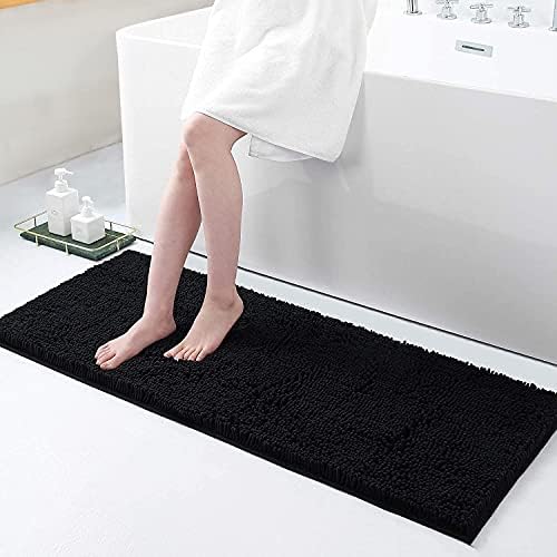 Smiry Luxury Chenille Bath Rug, Extra Soft and Absorbent Shaggy Bathroom Mat Rugs, Machine Washable, Non-Slip Plush Carpet Runner for Tub, Shower, and Bath Room(47''x17'', Black)