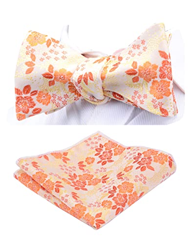 GUSLESON Mens Floral Bowtie Self Tie Bow Tie & Pocket Square Set, Orange, general